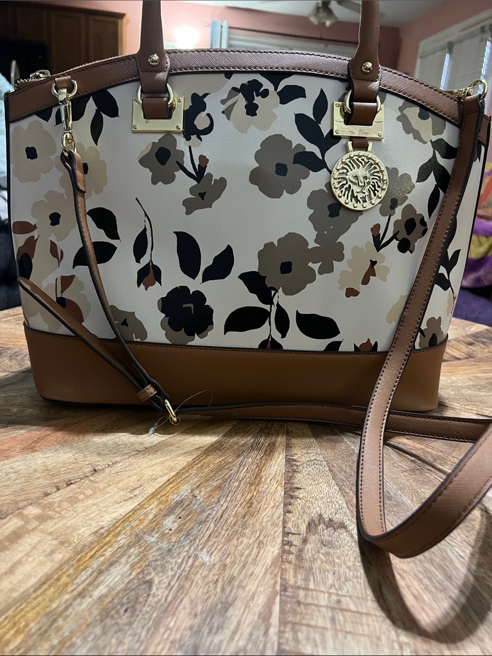 Anne Klein Floral Print Satchel Handbag in Brown and Cream